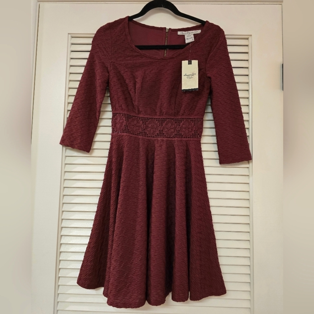 American Rag - (NWT) Cie Burgundy ¾ Sleeves Fit & Flare Dress WIth Lining